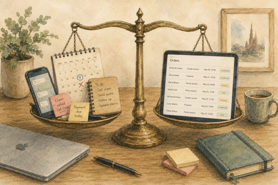 Watercolor illustration of an old brass balance scale with scattered booking tools on one side and an organized orders list on a tablet on the other.