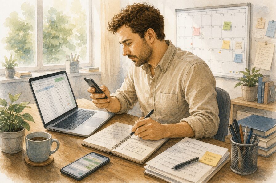 Watercolor illustration of a freelancer managing bookings across a laptop, phone, notebook, and wall calendar.