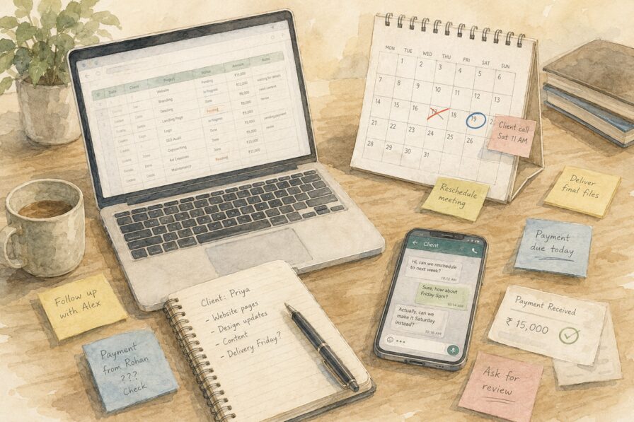 Watercolor illustration of scattered booking tools including a laptop, calendar, phone, notebook, and payment reminders.