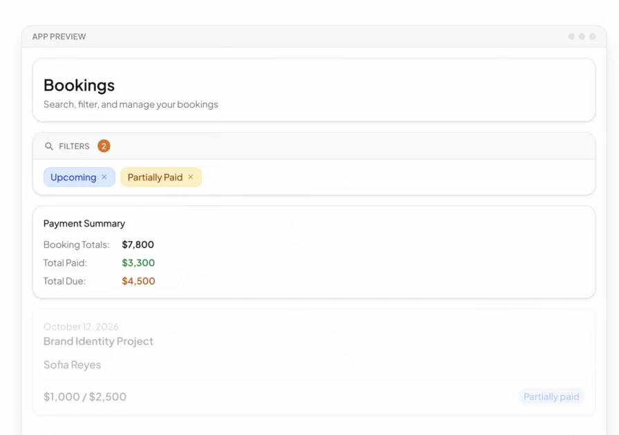 Taide CRM bookings screen showing filters for upcoming and partially paid bookings with a payment summary and booking list.