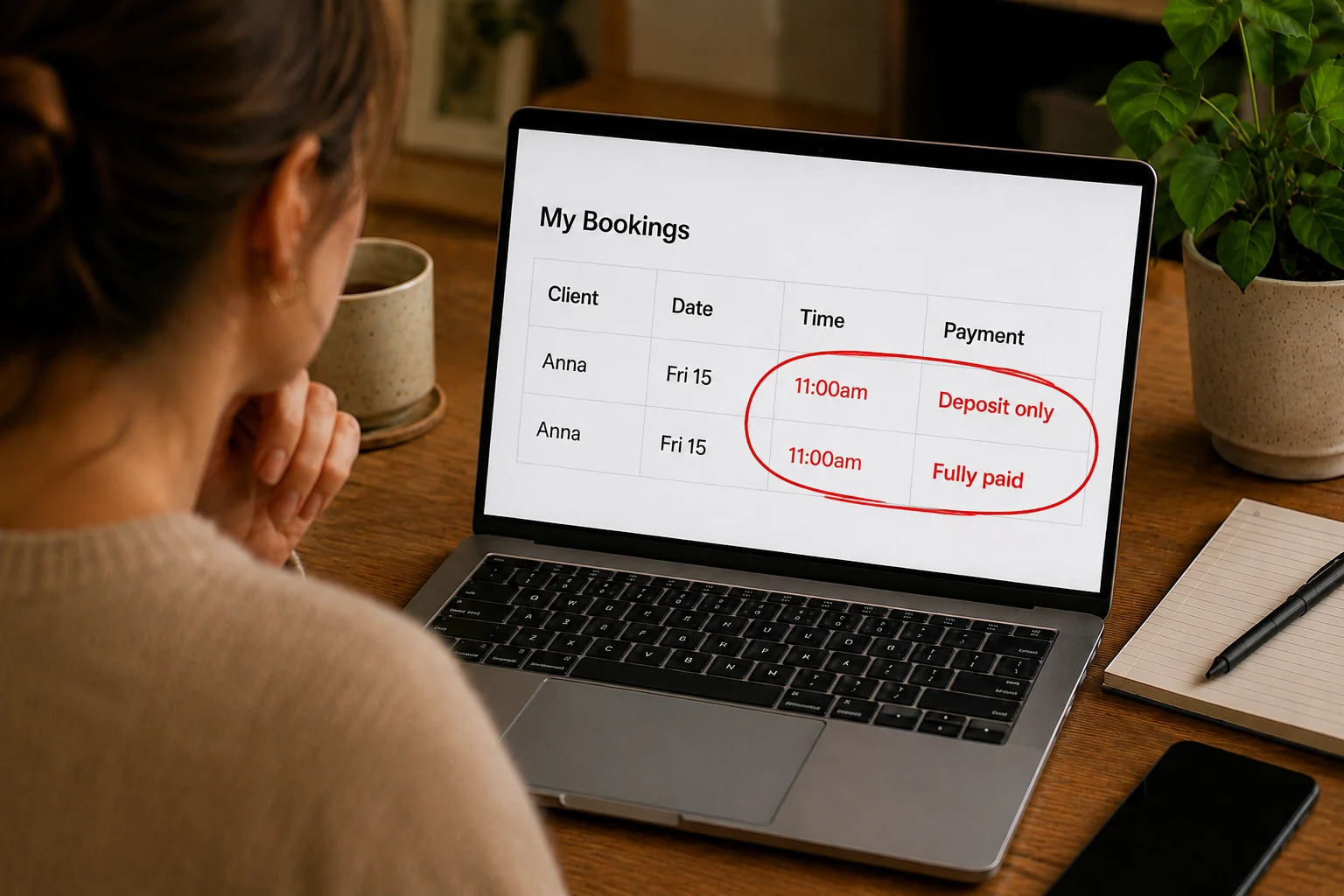 Laptop screen showing two booking rows for the same client with different payment statuses circled in red.
