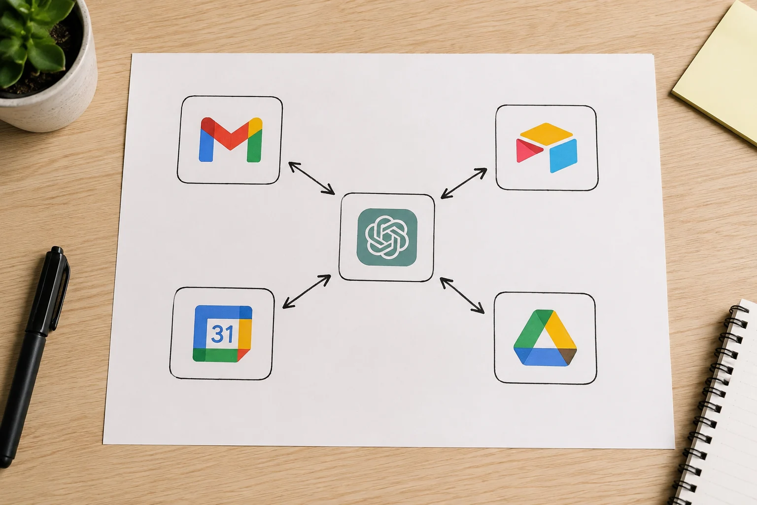 Diagram showing ChatGPT connected to Gmail, Airtable, Google Calendar and Google Drive.